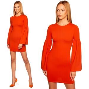 SUSANA MONACO Bell Sleeve Mini Dress in Pumpkin Orange Fitted Size Medium NEW